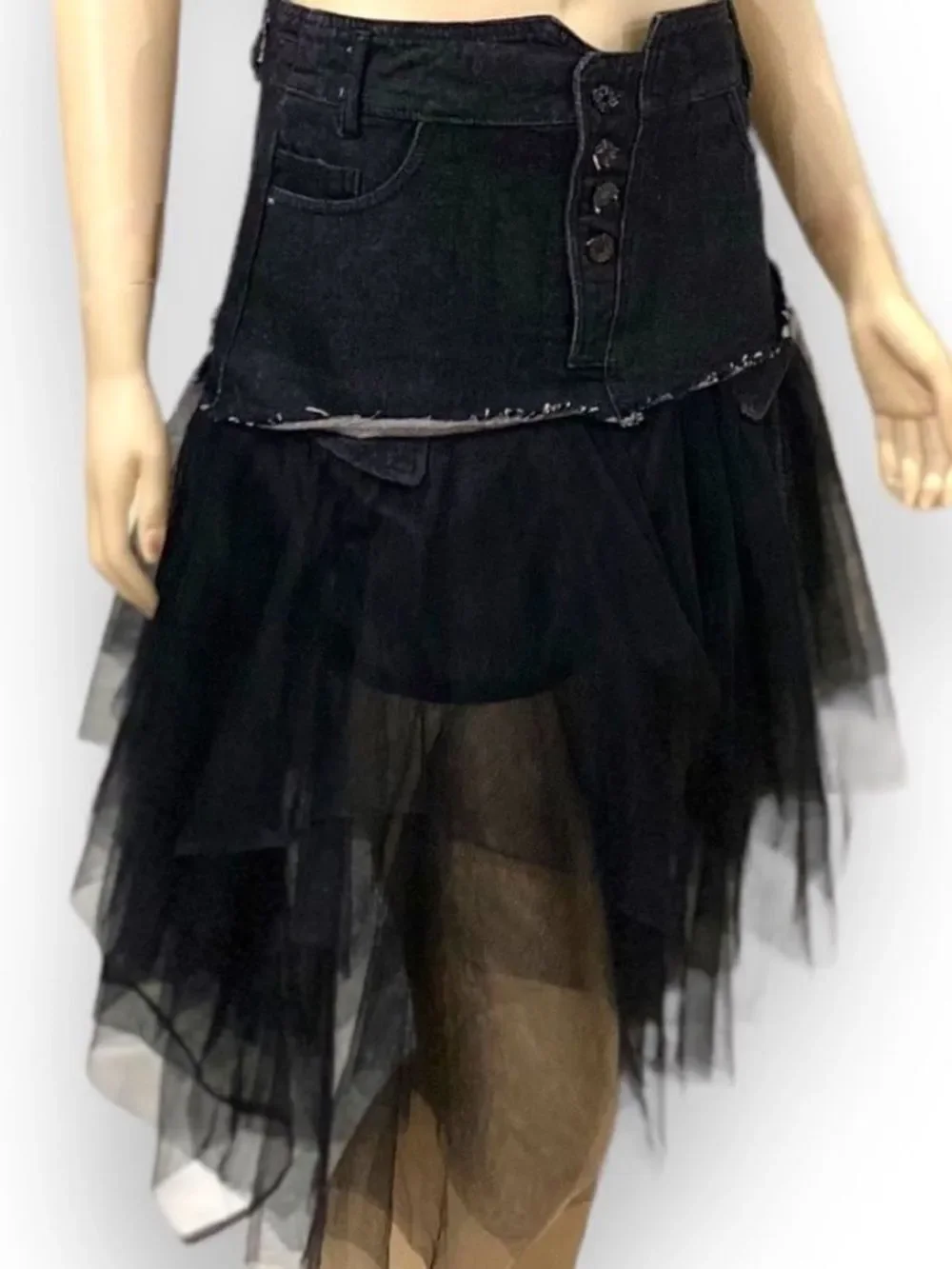 Black Denim Tulle Asymmetric Midi Skirt Lg. NWT